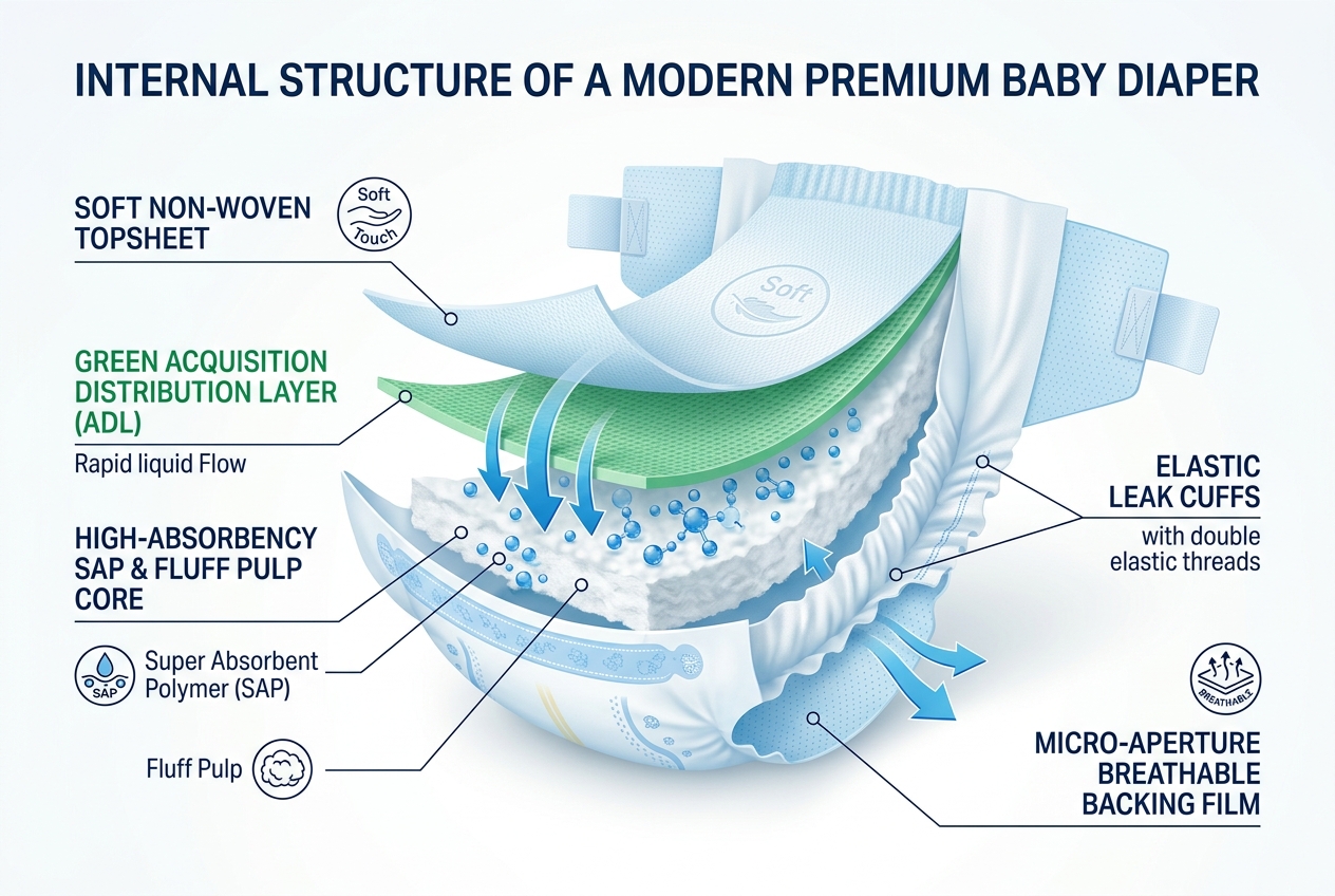 7-Layer Absorbent Core Structural Engineering Infographic